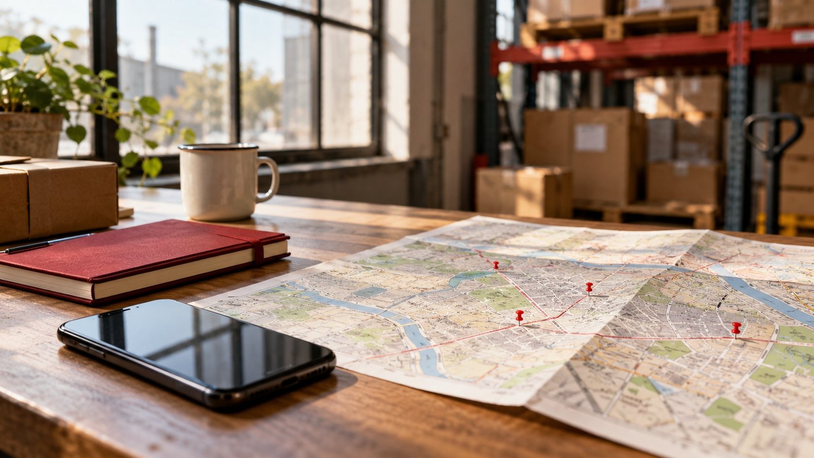 A smartphone, route map and notebook at a distribution workspace