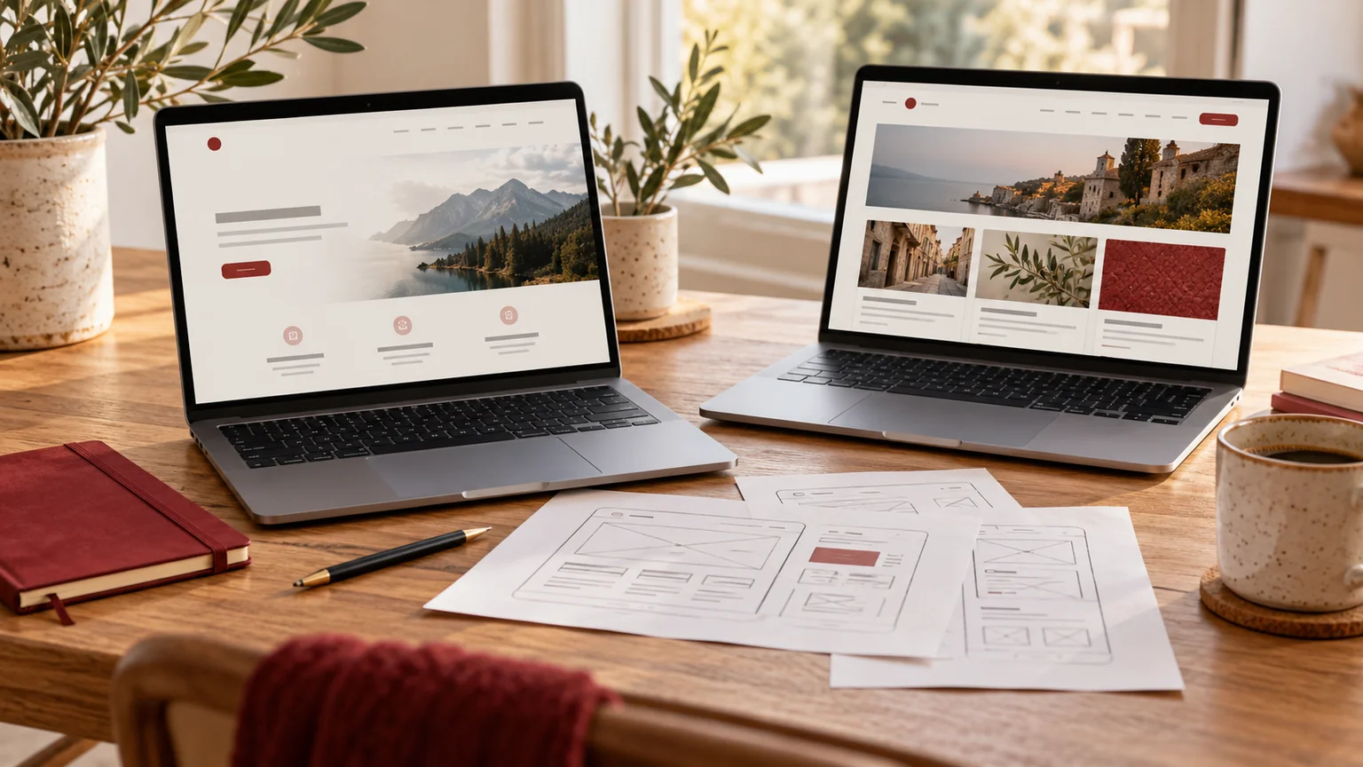 Illustrative startup website planning desk with two generic laptop previews and responsive page sketches.