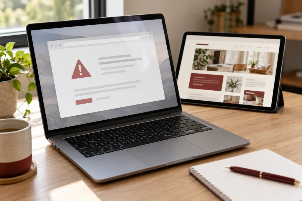 Illustrative laptop with a generic website warning beside a tablet showing a business website