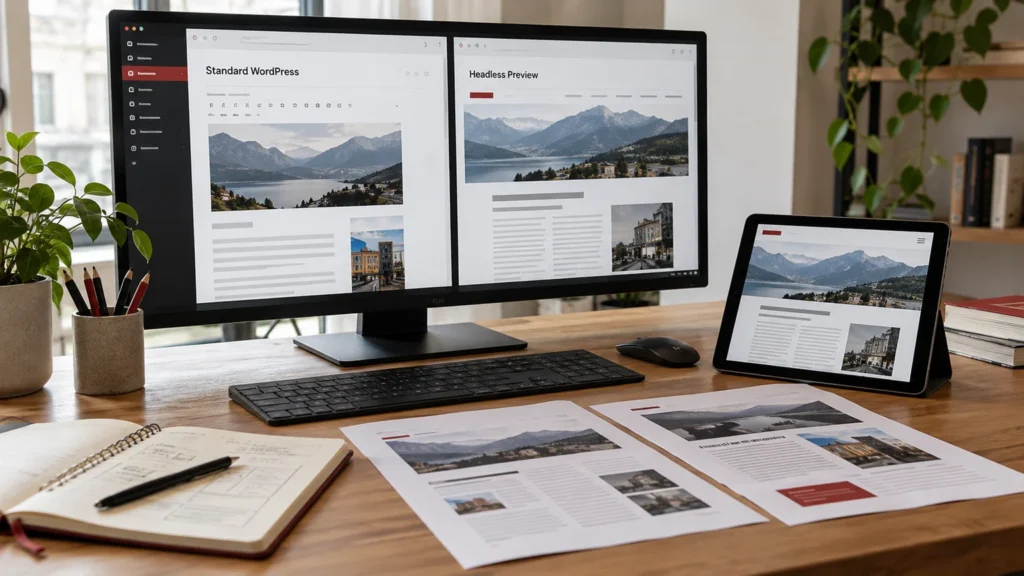 Illustrative editor preview comparison on a wide monitor, tablet article preview and two different page-layout printed proofs. Concept screens, not a delivered client implementation.