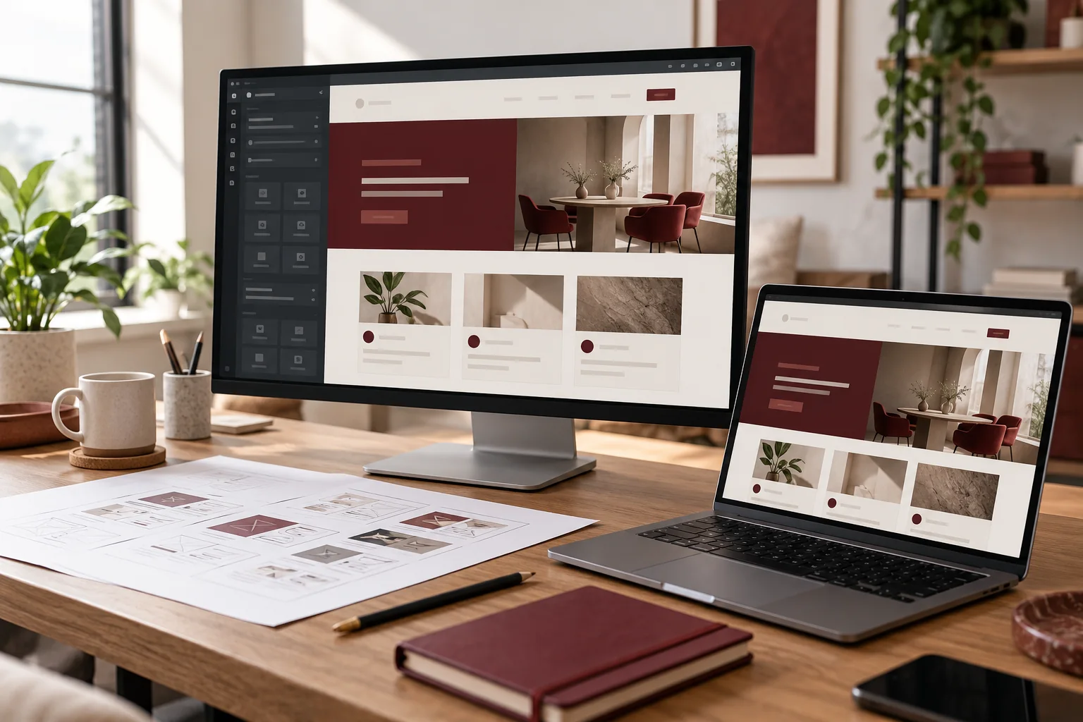 Illustrative visual website builder workspace with a responsive business website and printed layout brief