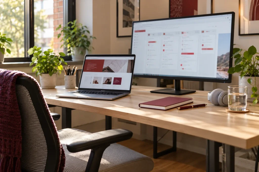 Illustrative remote development office with a laptop, external monitor, notebook and headphones.