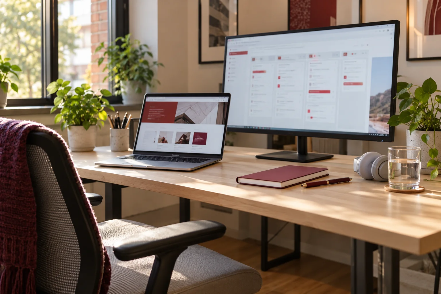 Illustrative remote development office with a laptop, external monitor, notebook and headphones.