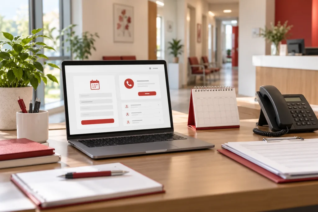Illustrative clinic reception workspace with a laptop appointment request interface and desk phone