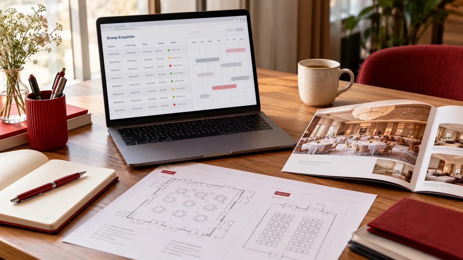 Illustrative hotel sales planning desk with generic group enquiries, a date-grid concept and unbranded event layout sheets.