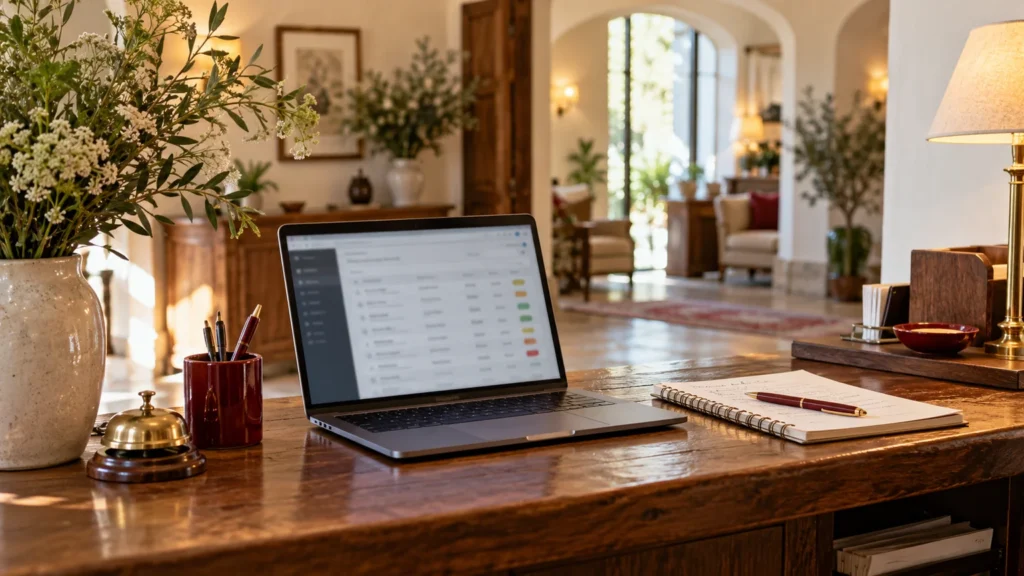 Illustrative boutique hotel reception desk with a generic enquiry list and a guest follow-up planning notebook.