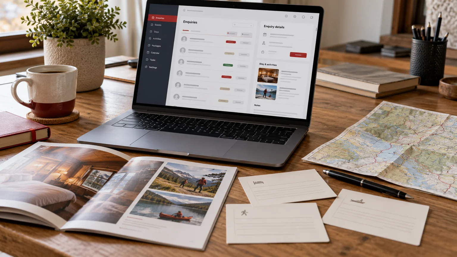 Illustrative generic lodge package enquiry planner on a laptop, accommodation and activity brochure, blank itinerary cards and a folded map; indoor desk only. Concept screens, not a delivered client implementation.