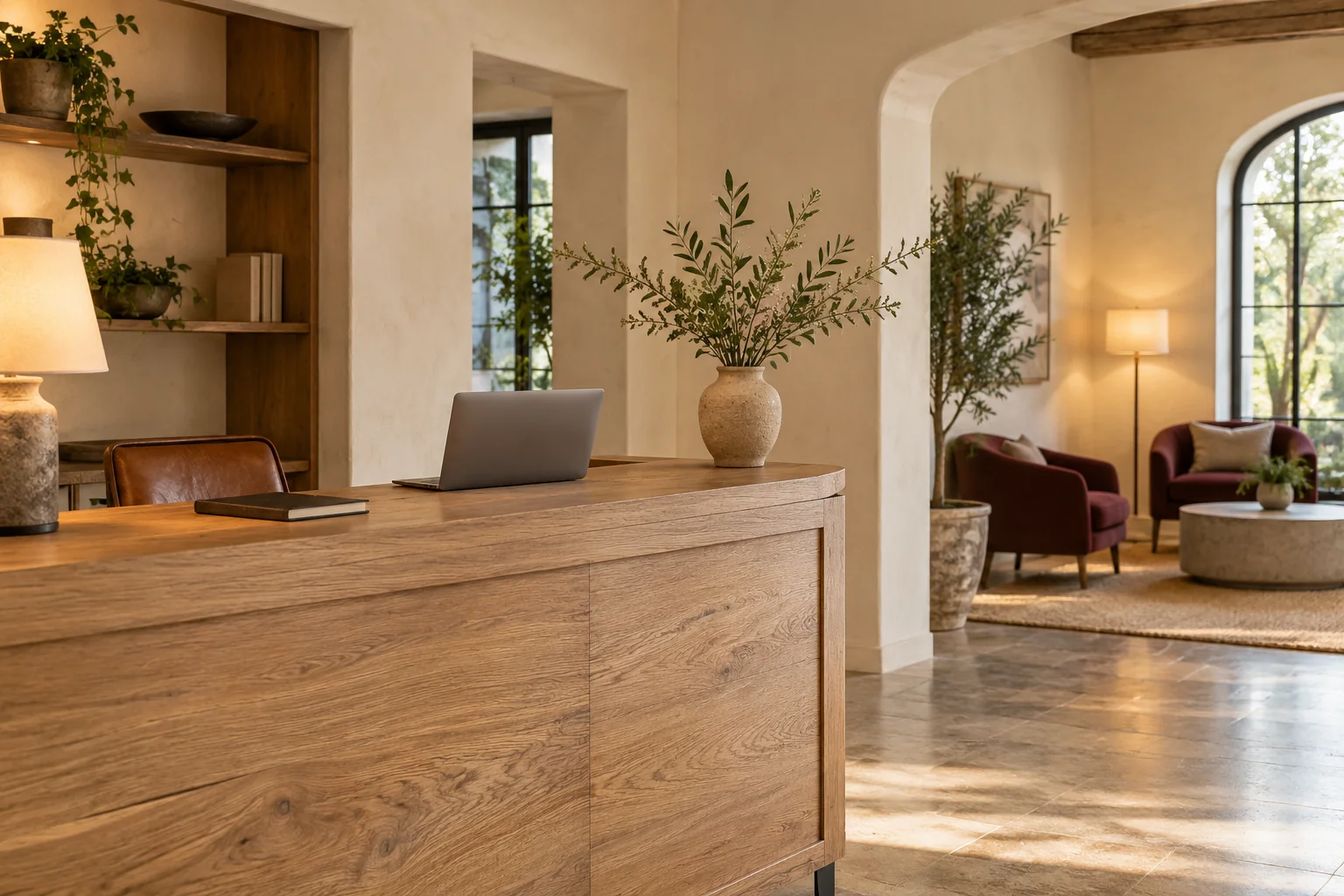 Illustrative boutique hotel reception with a laptop and guest lounge
