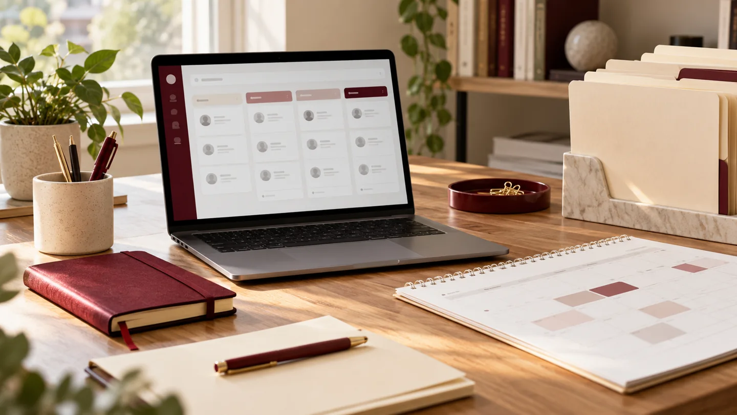 Illustrative recruitment planning workspace with anonymous pipeline cards, folders and an interview calendar.