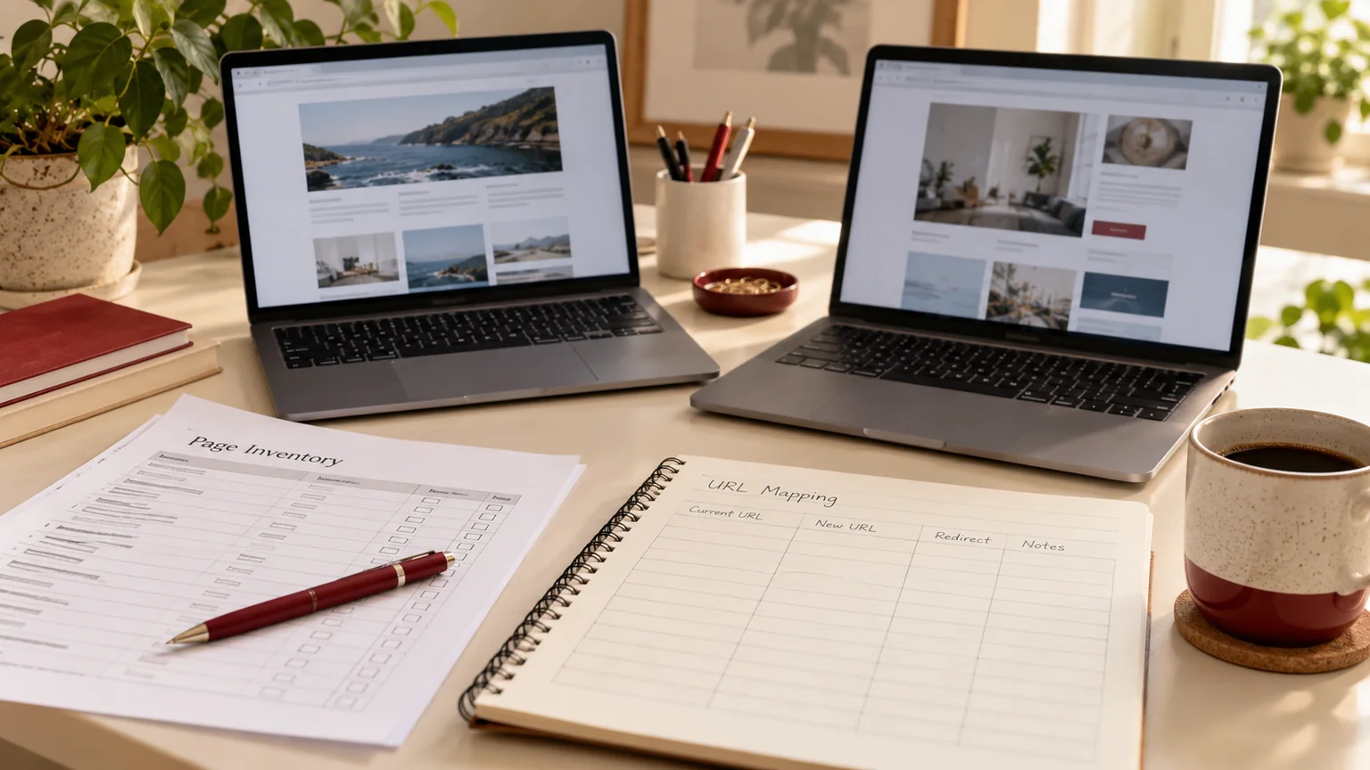 Illustrative website migration desk with two website previews, a page inventory and URL mapping notebook.