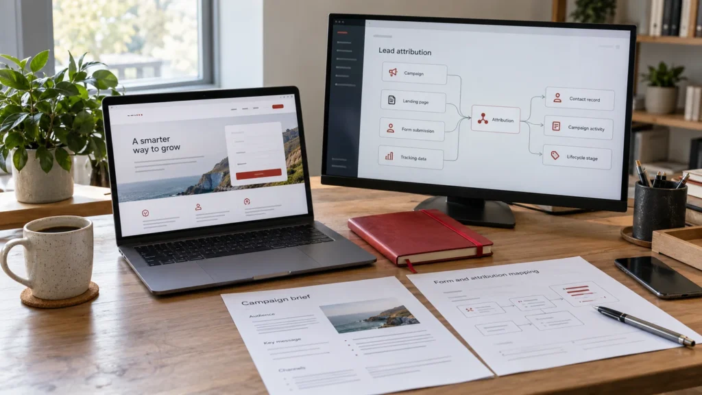 Illustrative generic campaign landing page and lead attribution mapping on two screens, campaign brief sheets and a red notebook. Concept screens, not a delivered client implementation.