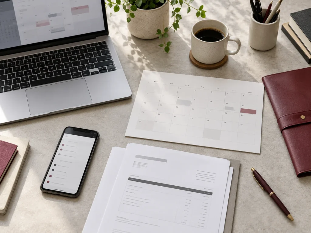 Laptop, calendar, phone and paperwork arranged on a business planning desk