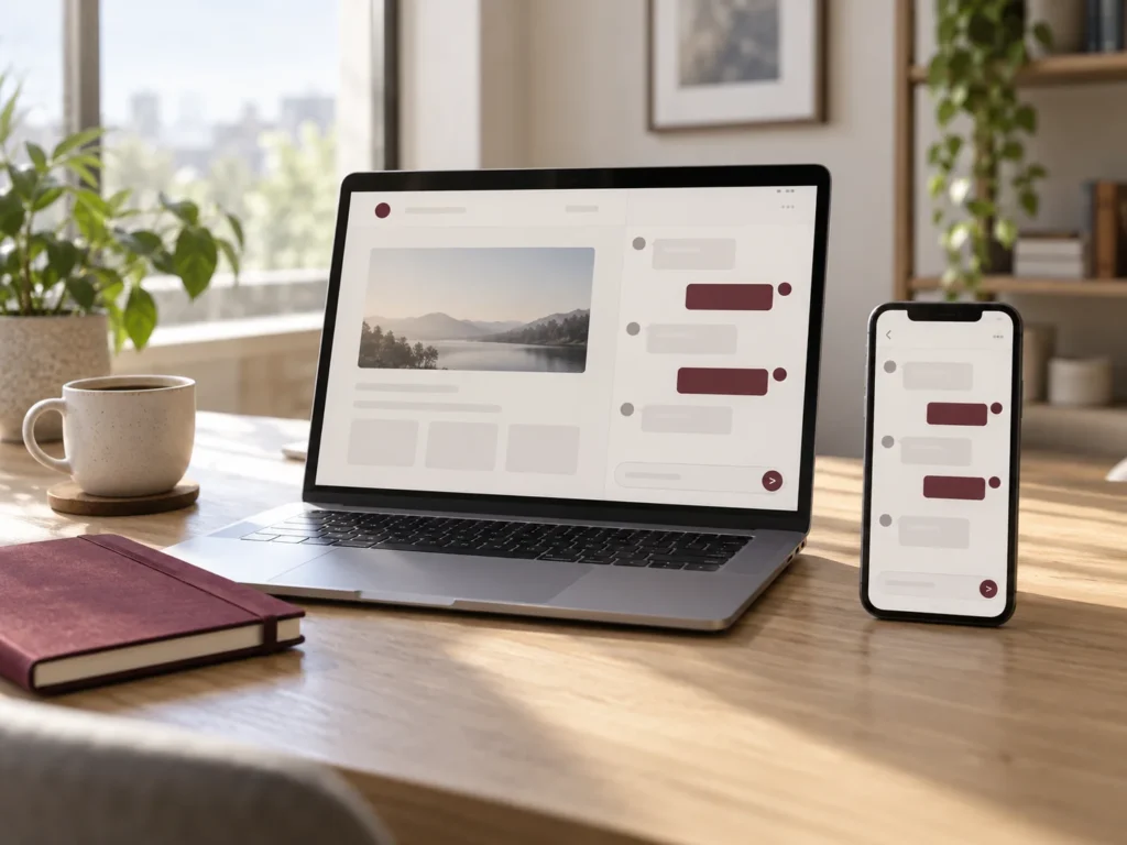 Laptop and smartphone with illustrative website chat interfaces on a desk