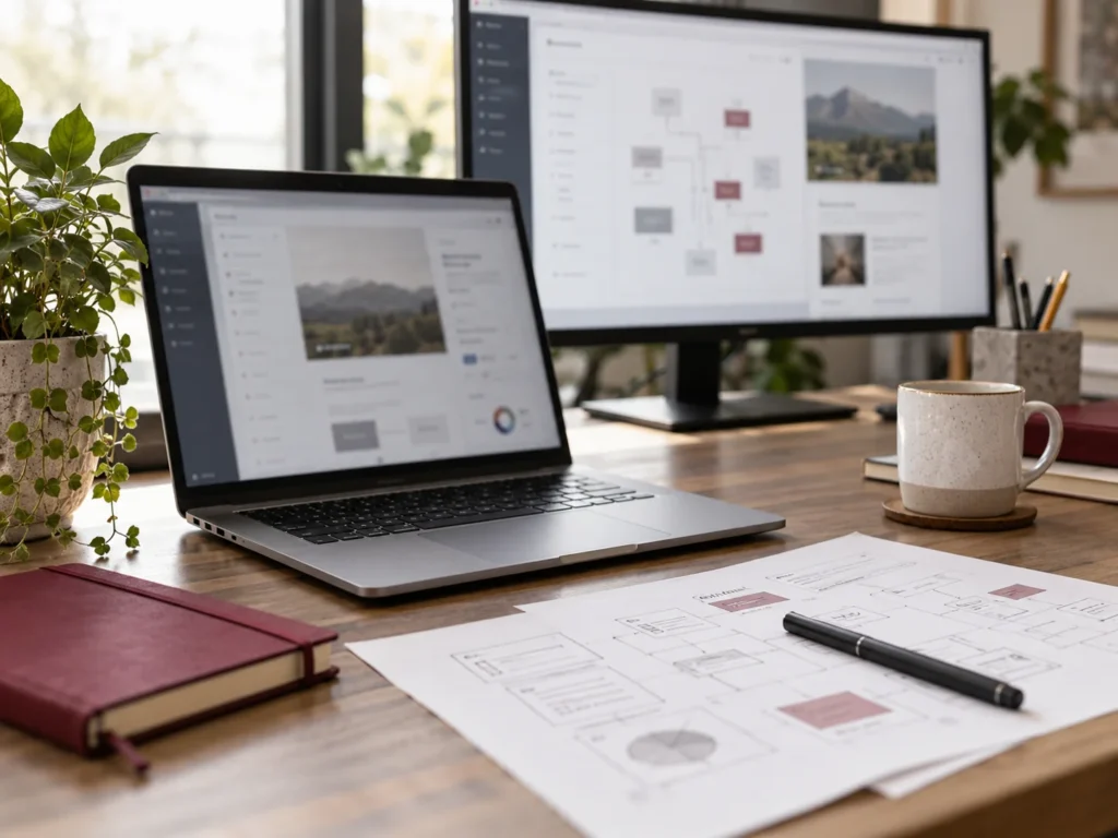 Laptop, monitor and paper workflow sketches in a naturally lit development workspace