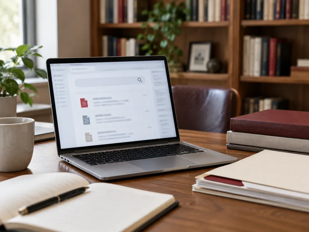 Laptop with an illustrative search interface beside books and document folders