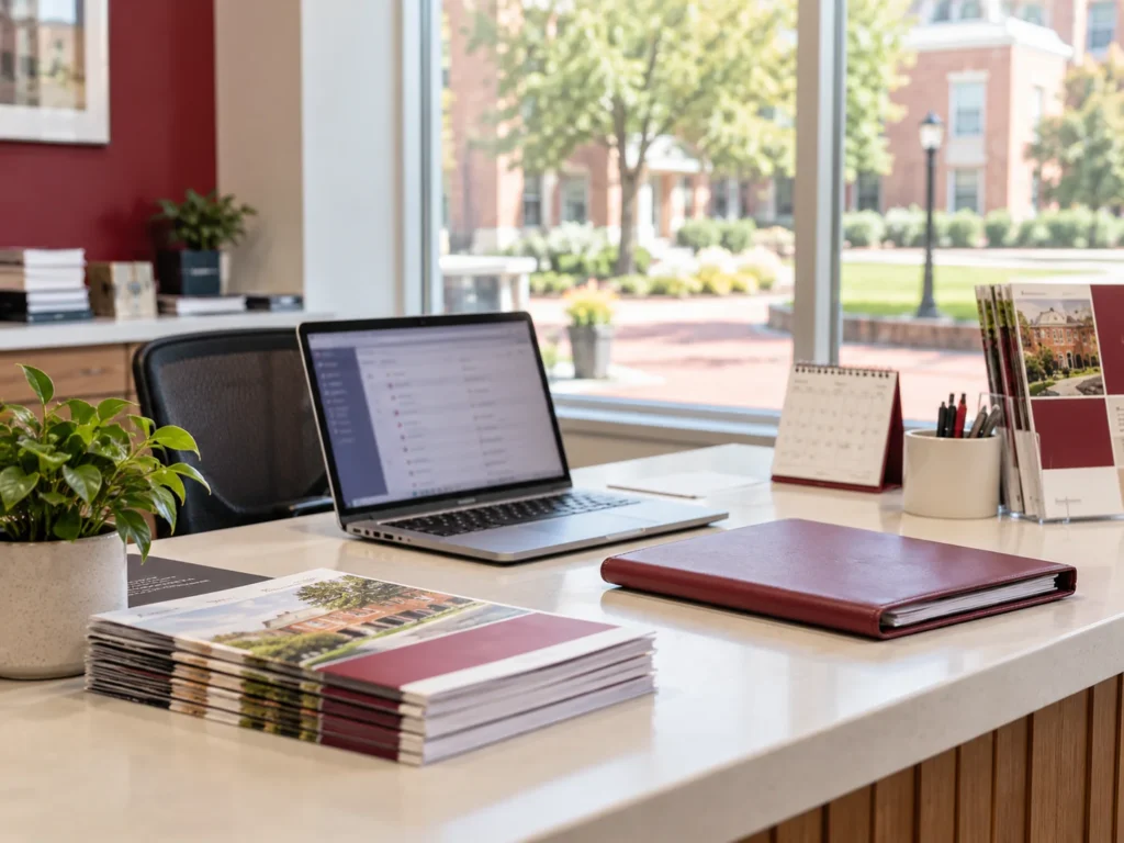 Laptop, brochures, calendar and folders at an illustrative admissions desk