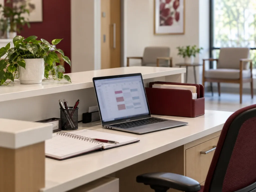 Laptop, appointment planner and organiser at an empty illustrative clinic reception desk