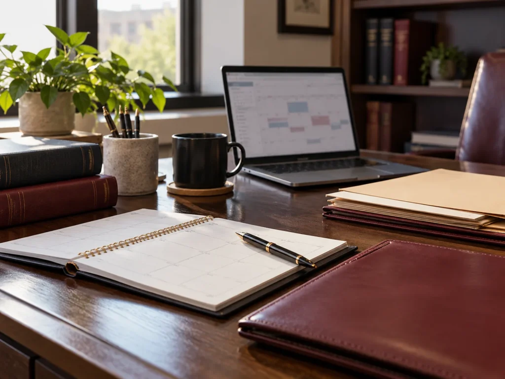 Client matter folders, books, planner and laptop in an illustrative legal office