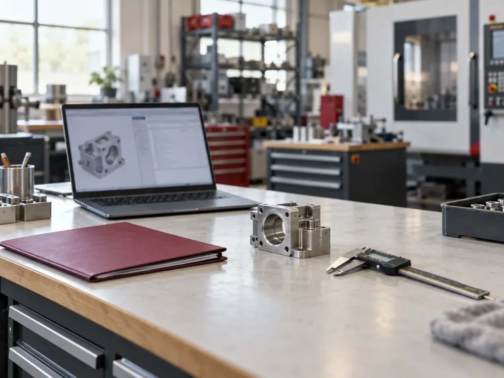 Laptop, metal component, caliper and order folder on an industrial workbench