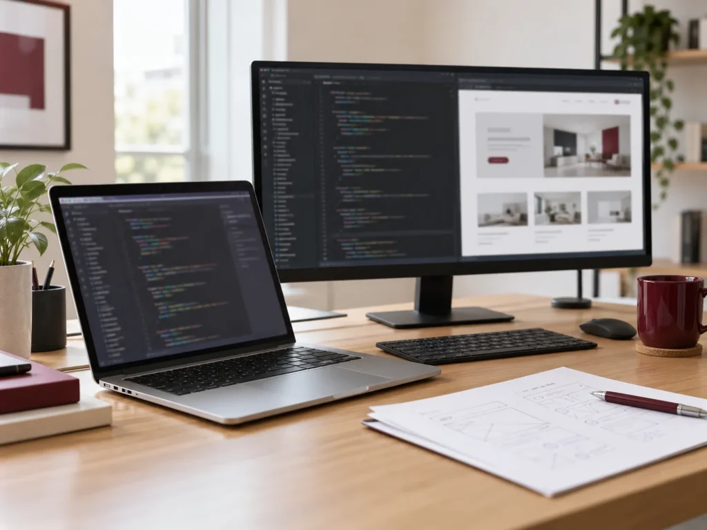 Laptop, external monitor and interface sketches in a development workspace
