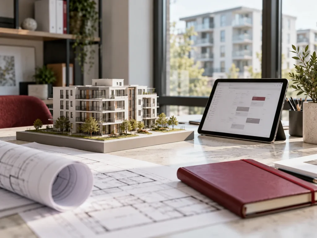 Architectural model, floor plan, tablet and notebook on a property planning desk