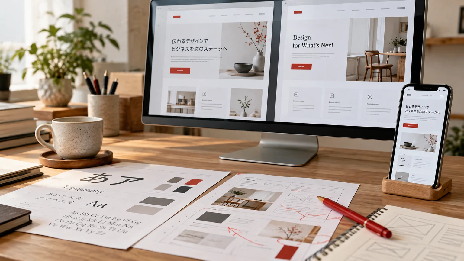 Illustrative Japanese and English generic web layout proofs on monitor and mobile, typography samples and red annotation pen. Concept screens, not a delivered client implementation.