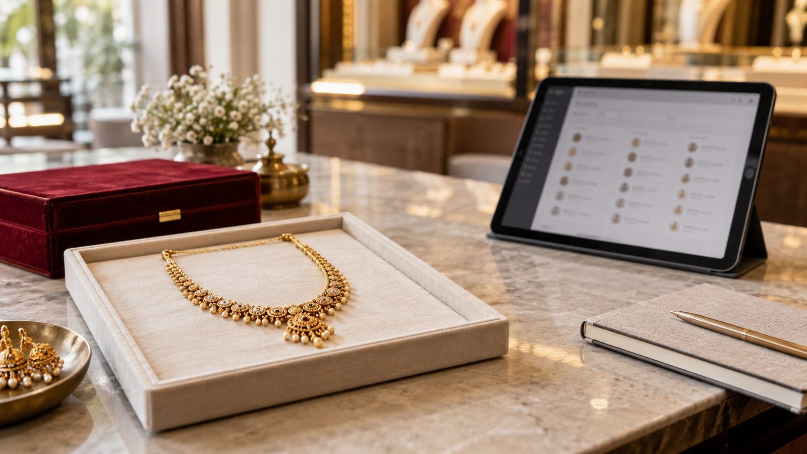 A gold necklace, jewellery box and customer management tablet in a showroom