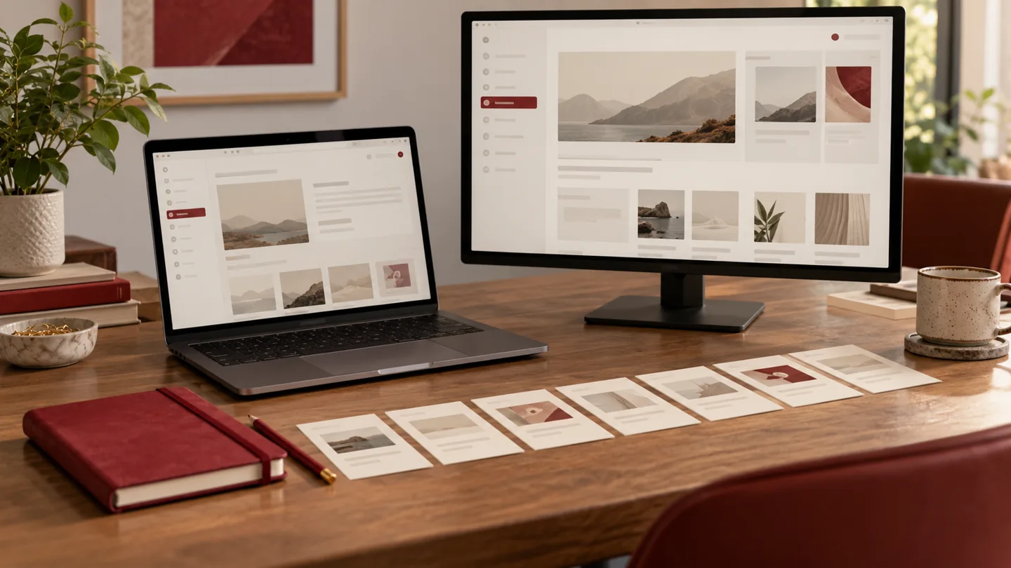 Illustrative Joomla-to-WordPress migration planning desk with content layouts and page cards.