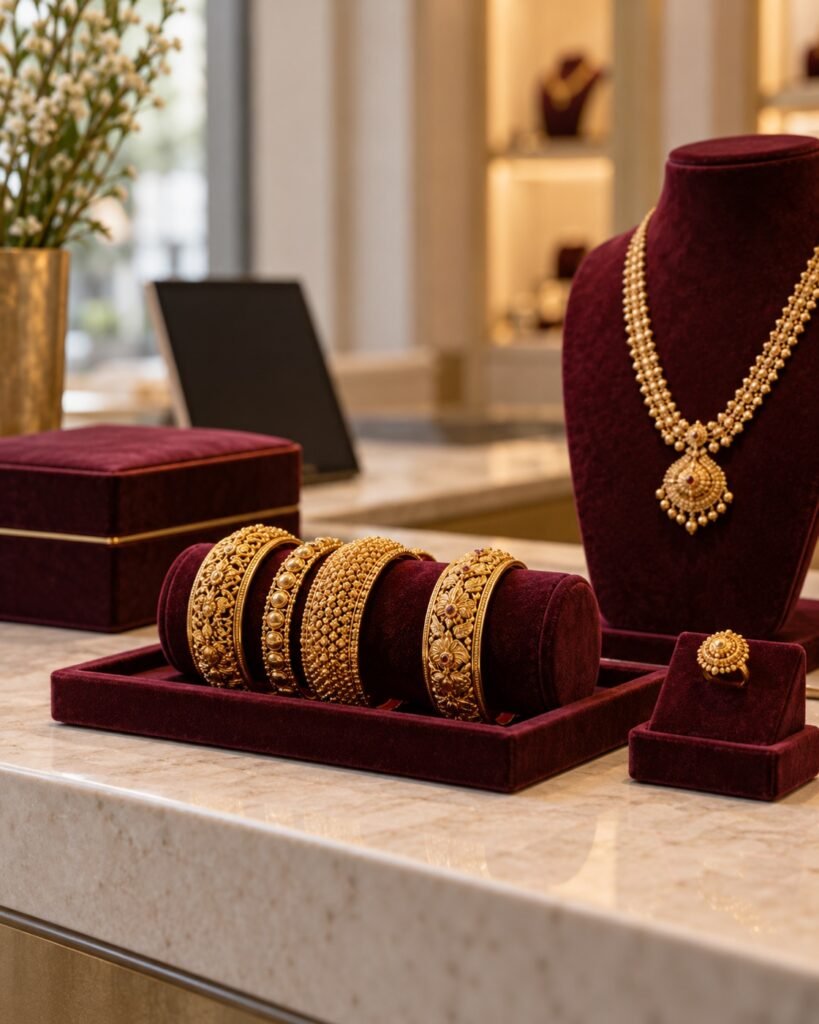 Gold bangles, a necklace and a ring displayed on burgundy velvet in a jewellery showroom.