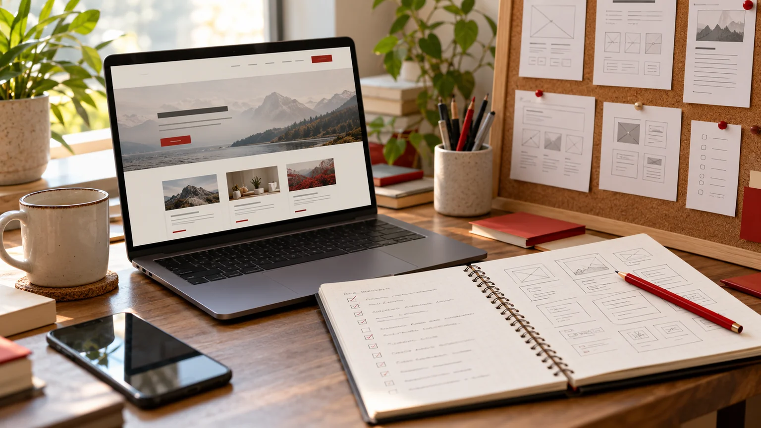 Illustrative website rebuilding workspace with a page preview, component sketches and field inventory notebook.