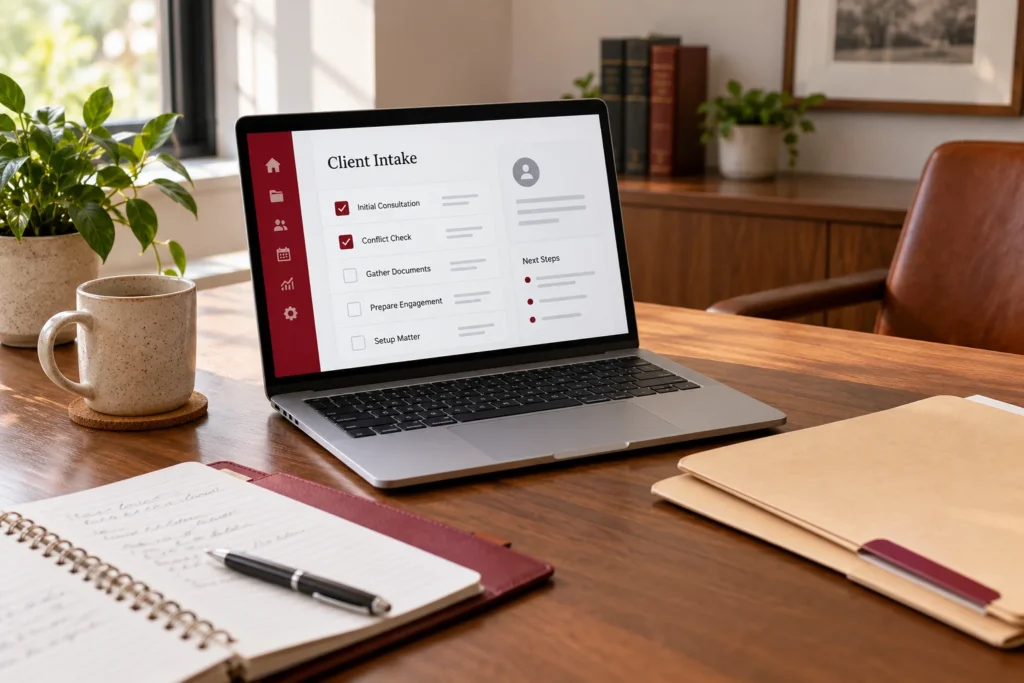 Illustrative law-practice desk with a laptop intake checklist and plain case folders