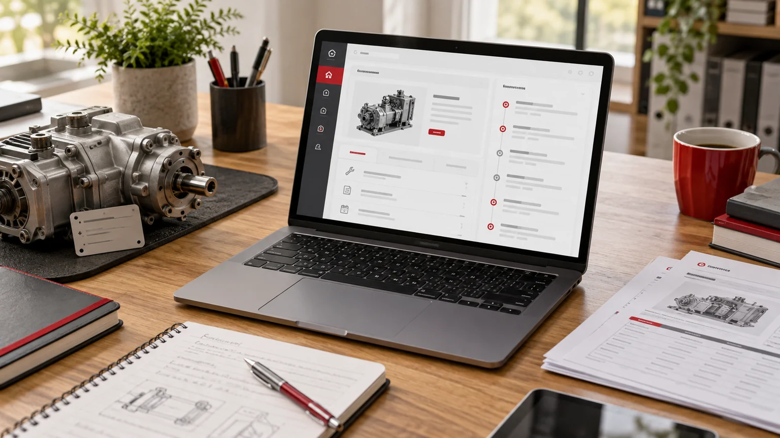Illustrative generic equipment service CRM on laptop, neutral serial tag concept, mechanical component and service history sheets. Concept screens, not a delivered client implementation.