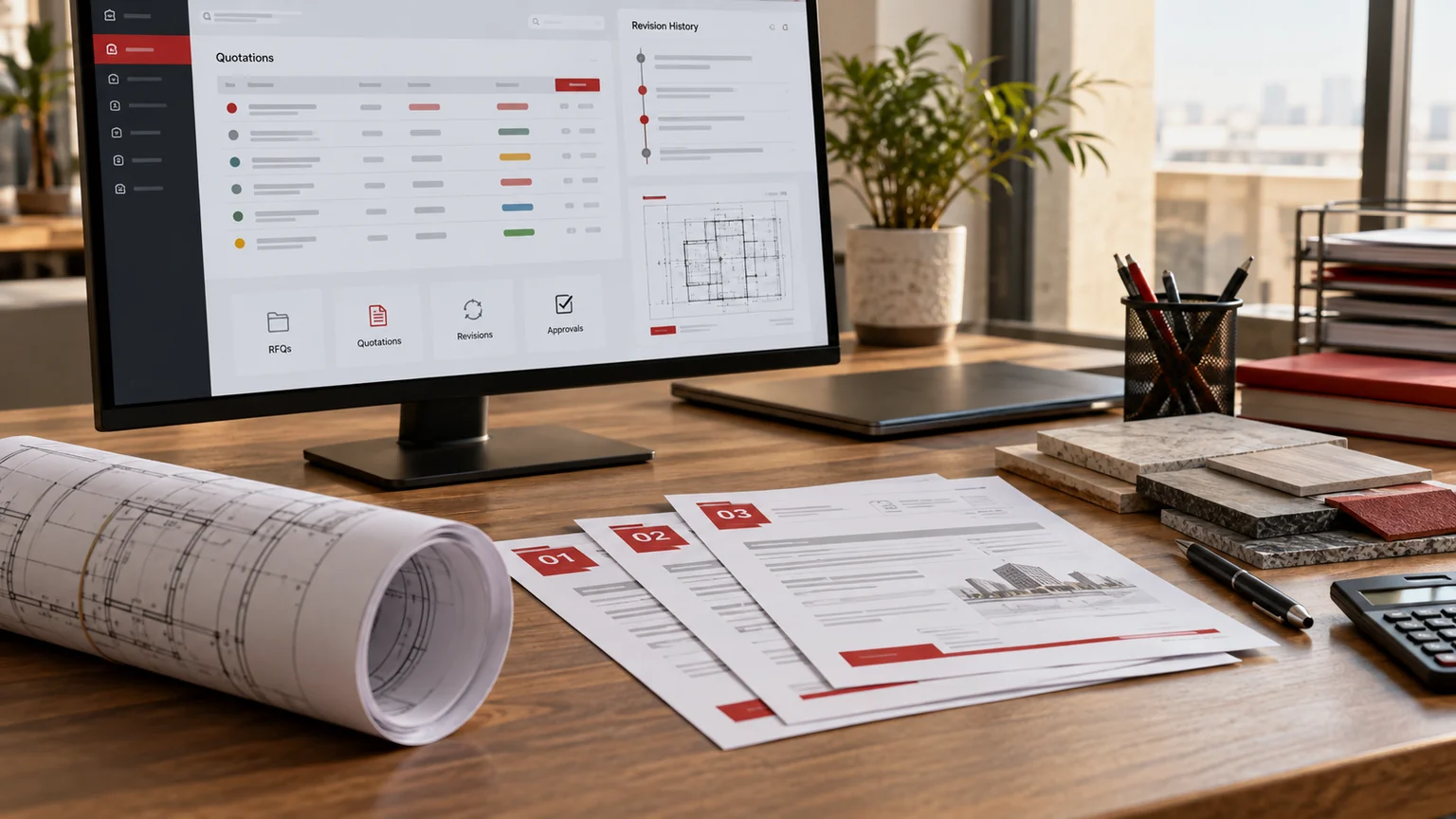 Illustrative generic quotation revision board on a monitor, rolled engineering drawing, material swatch and numbered quotation sheets without legible text. Concept screens, not a delivered client implementation.