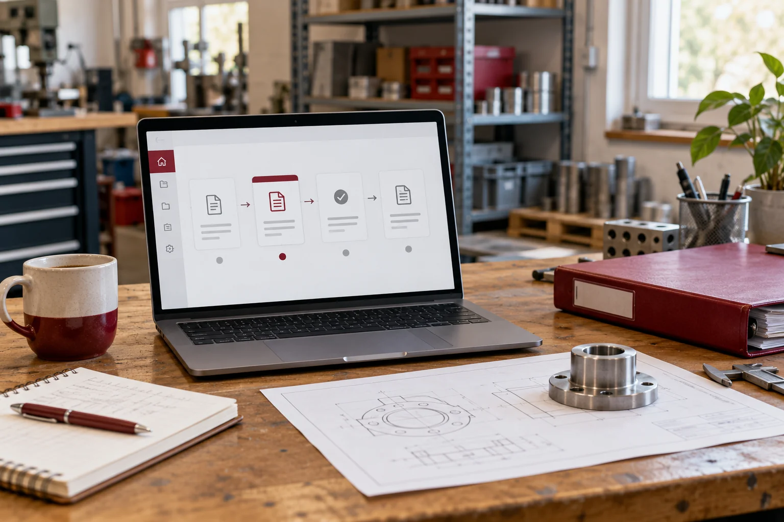 Illustrative manufacturing sales workspace with a laptop quotation workflow and metal component sample