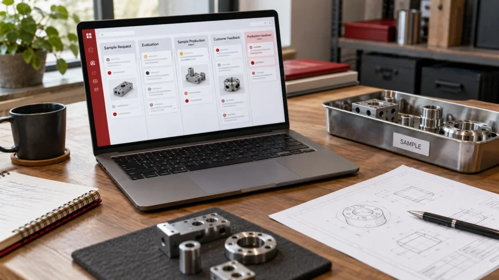 Illustrative generic manufacturing sample enquiry board on a laptop, precision metal sample components, a labelled tray and an unbranded engineering drawing. Concept screens, not a delivered client implementation.