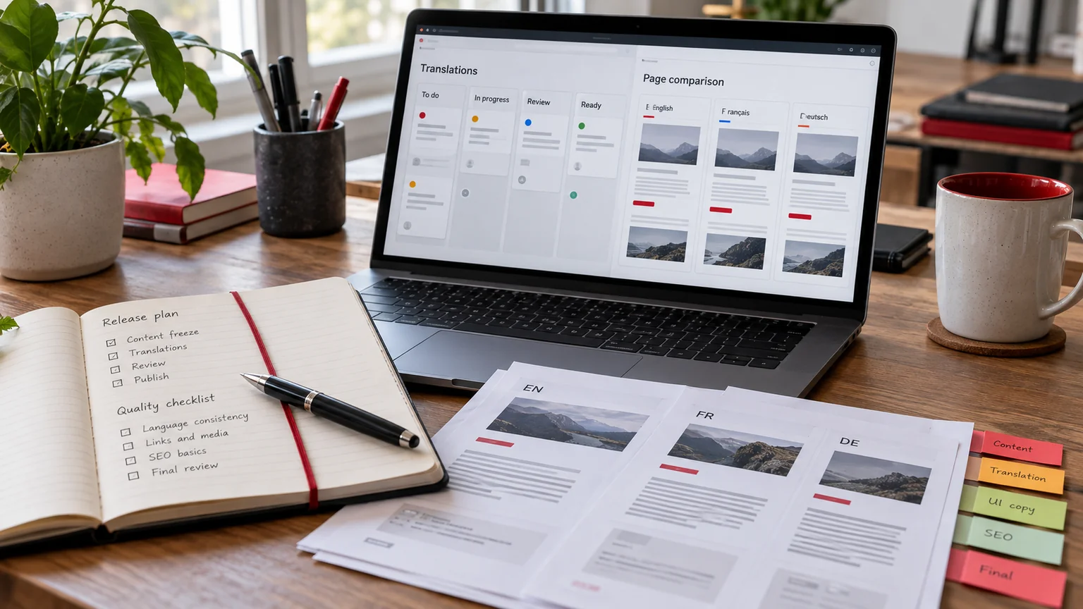 Illustrative generic translation release board and multilingual page comparisons on a laptop, proof sheets and revision colour tabs. Concept screens, not a delivered client implementation.