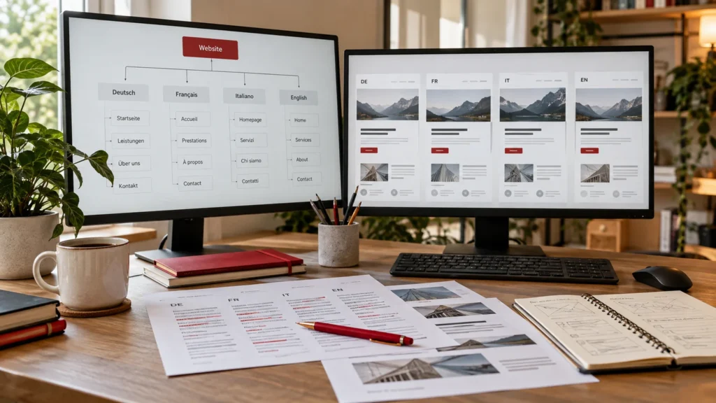 Illustrative multilingual site map and generic language-page previews on two monitors, translation review sheets and a clean design notebook. Concept screens, not a delivered client implementation.