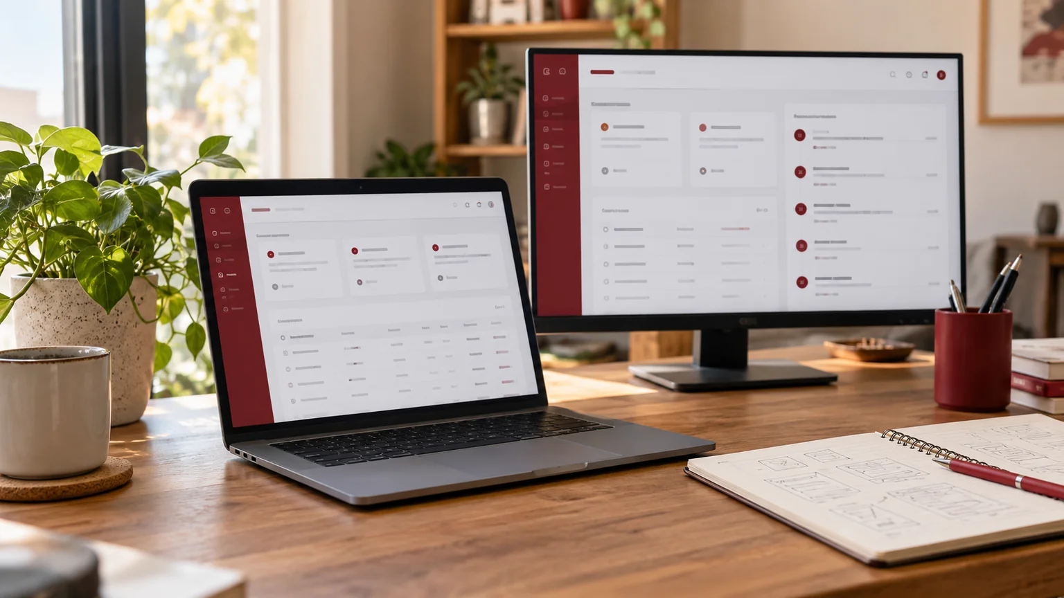 Illustrative dashboard development desk with generic task cards and fictional administrative rows on laptop and monitor screens.