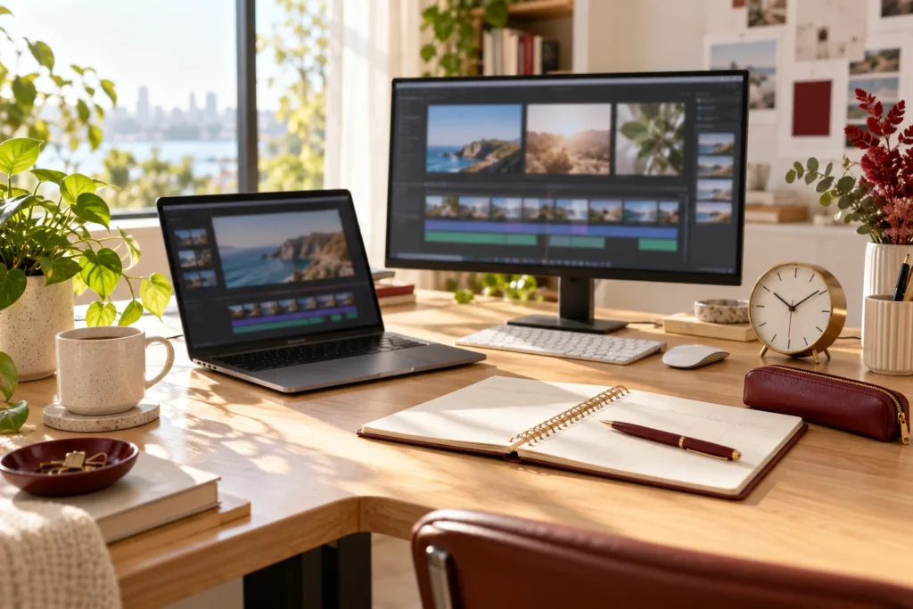 Illustrative agency review workspace with a planner and desk clock