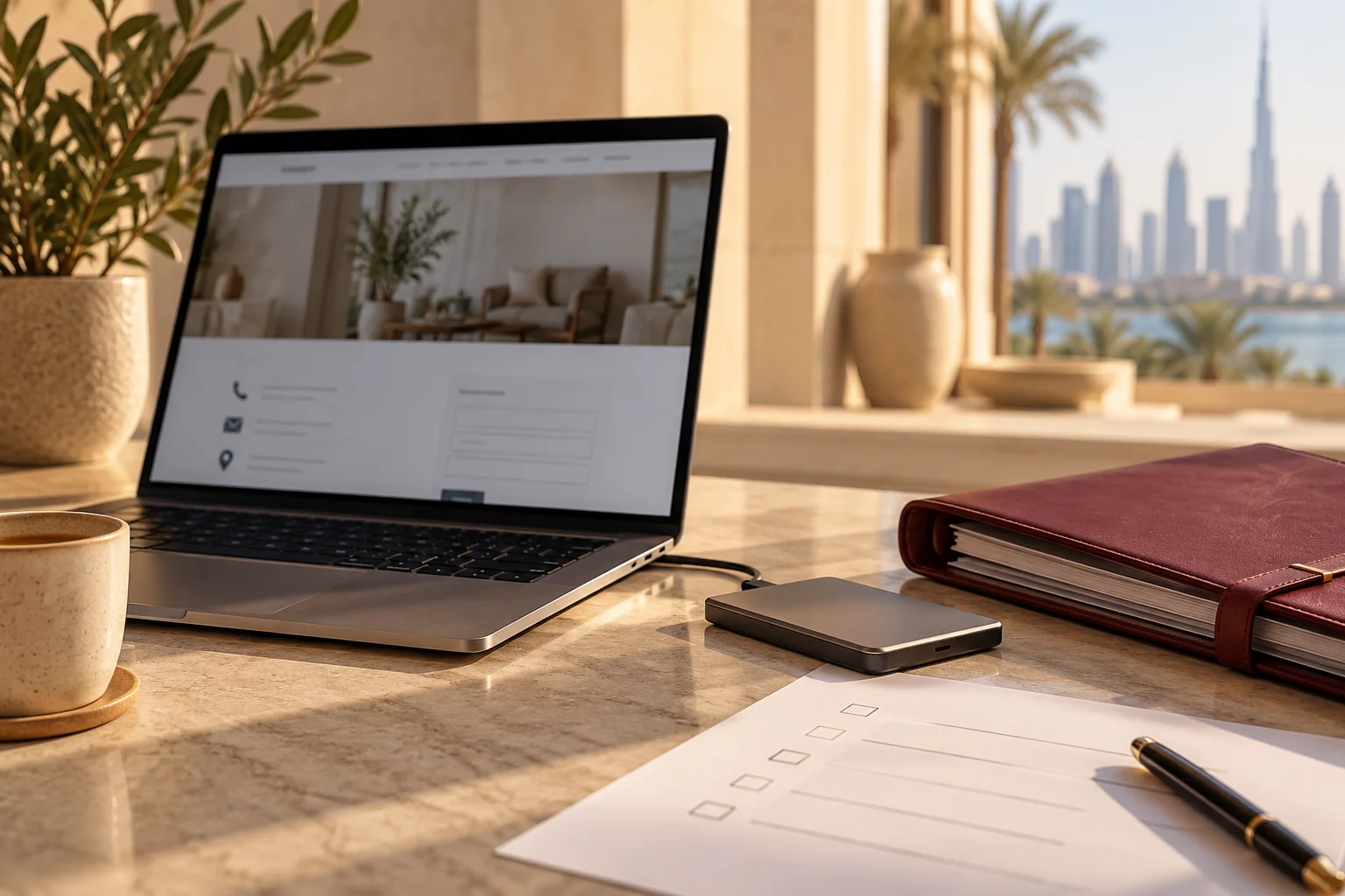 Illustrative website recovery desk with a contact-page layout and backup drive
