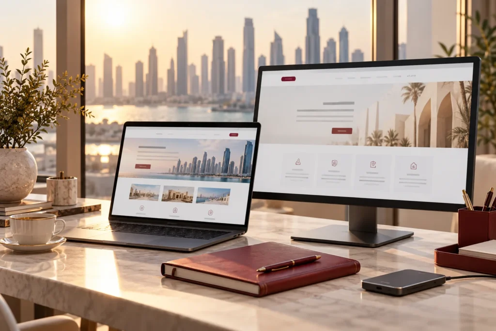 Illustrative workspace with English and right-to-left business website layouts