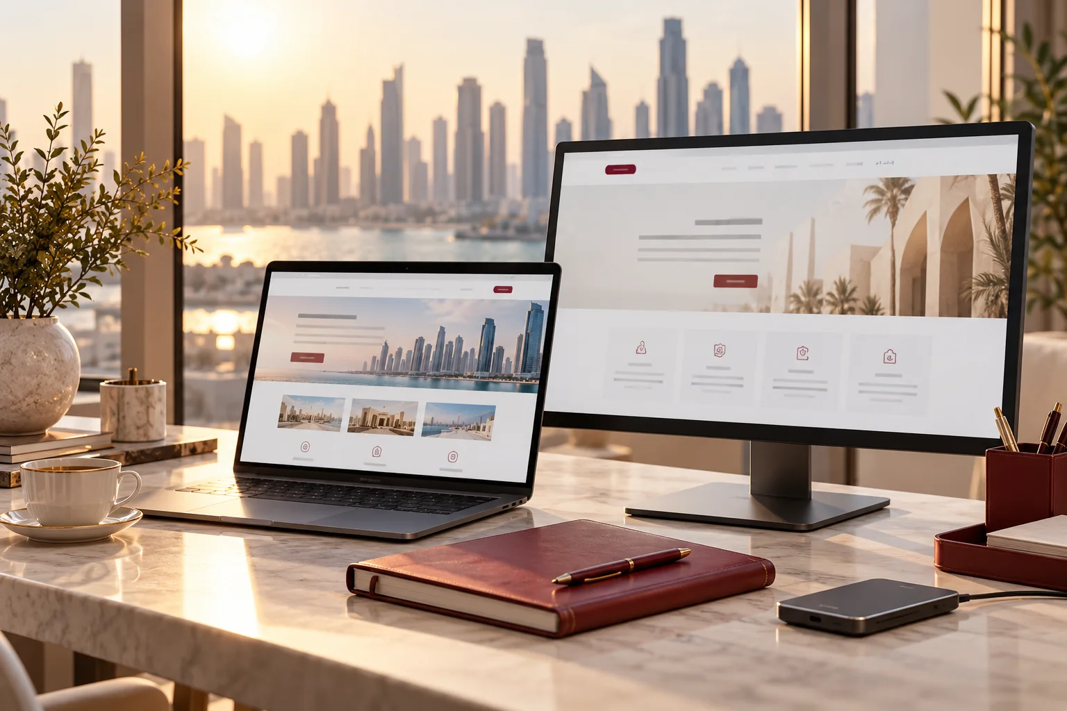 Illustrative workspace with English and right-to-left business website layouts