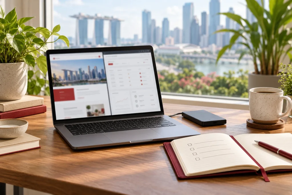 Illustrative small-business website review workspace with hosting windows and a backup drive