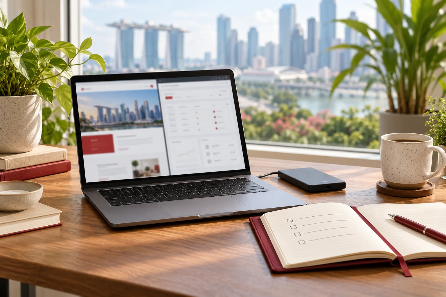 Illustrative small-business website review workspace with hosting windows and a backup drive