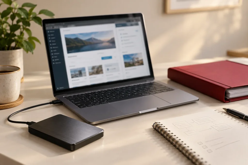 Illustrative WordPress recovery workspace with a laptop, backup drive and review notes