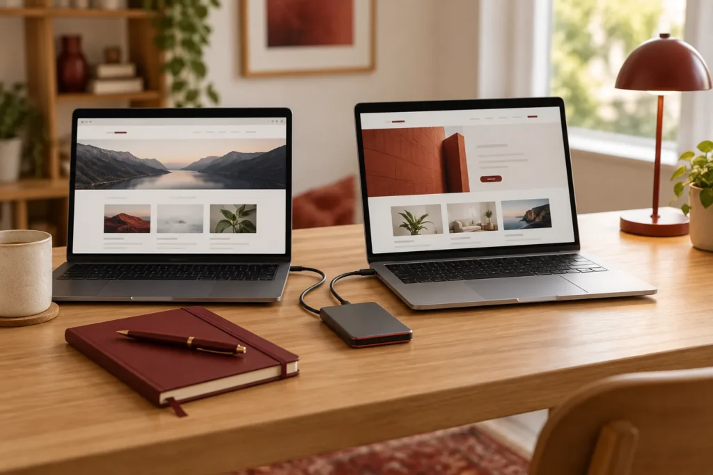 Illustrative hosting migration workspace with two laptops and a backup drive