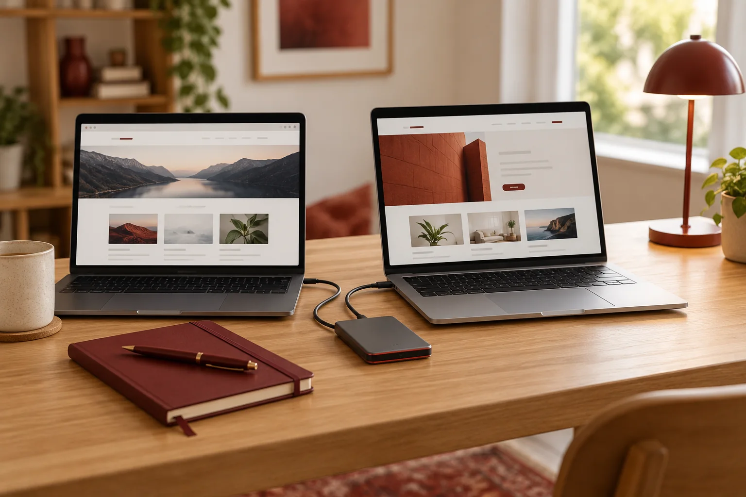 Illustrative hosting migration workspace with two laptops and a backup drive