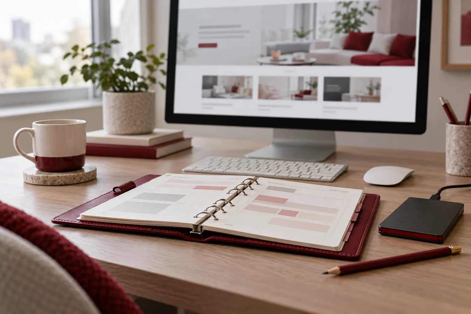 Illustrative website upgrade planning desk with a monitor and planner