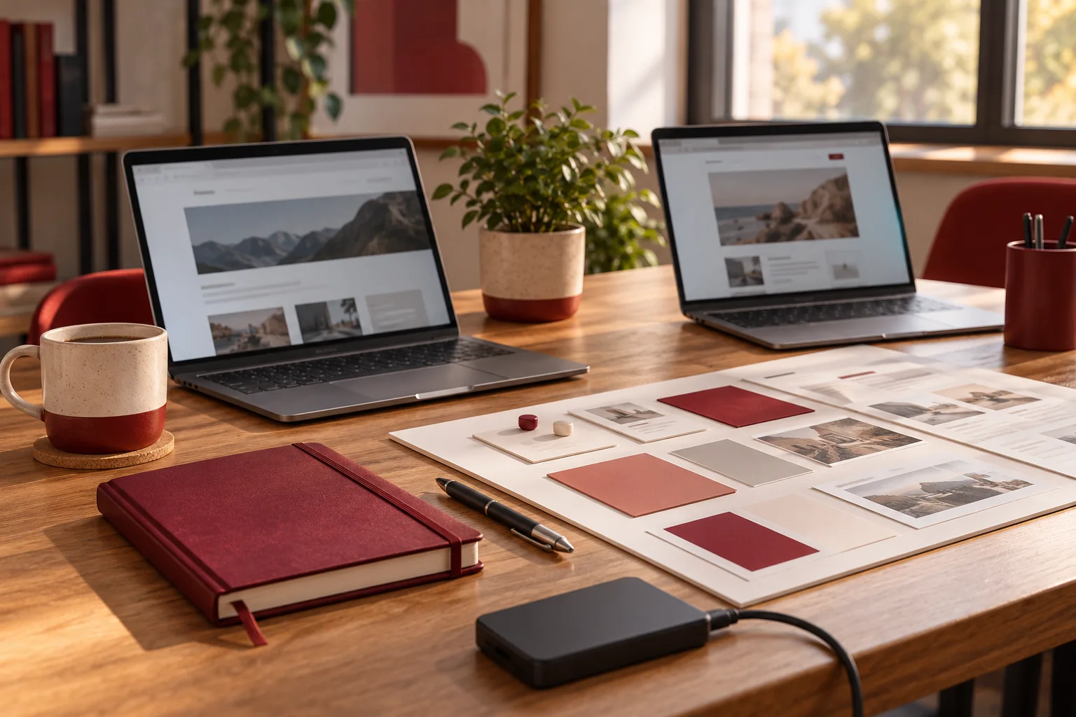 Illustrative agency planning workspace with two laptops and a website review board