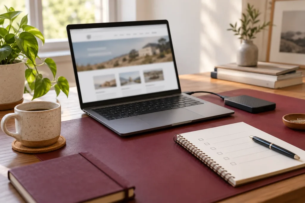 Illustrative developer workspace with a website, backup drive and maintenance checklist